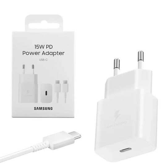 Samsung Φορτιστής με Θύρα USB-C και Καλώδιο USB-C - USB-C 15W Power Delivery Λευκός