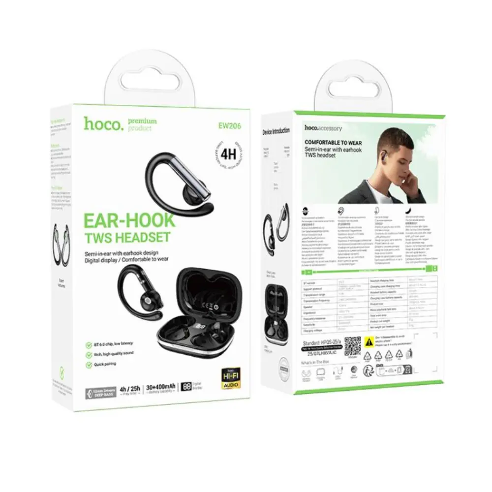 Wireless Hands Free Hoco EW206 Mist TWS v6.0 400mAh 4 Ώρες Ομιλίας Τεχνολογία True Bass και Θήκη Φόρτισης με LED Ένδειξη Μπαταρίας Μαύρα